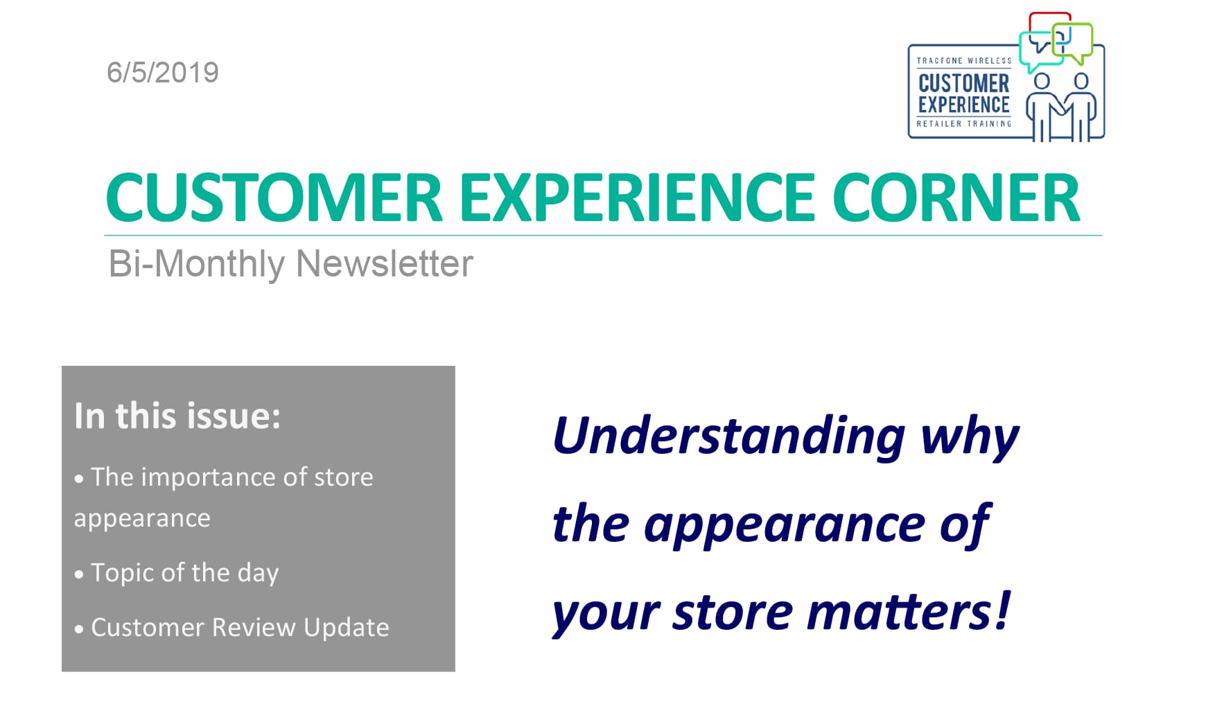 Customer Experience Corner Bi-Monthly Newsletter for Total Wireless Exclusive Dealers